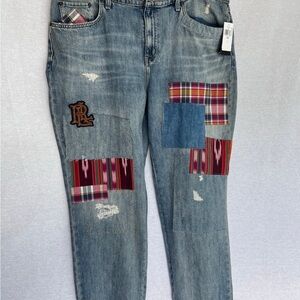 Patchwork Denim Jeans with Plaid Accents